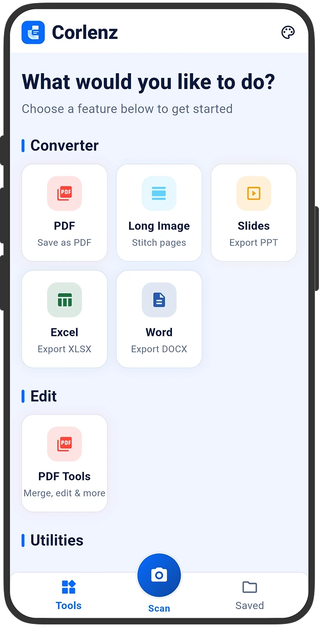 Corlenz scanner home screen